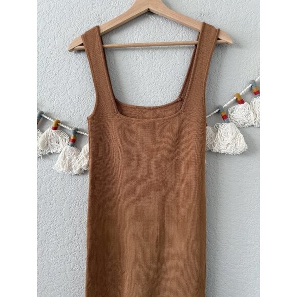Shona Joy Square Neck Ribbed Knit Sleeveless Midi Dress Camel Neutral Minimalist - Picture 9 of 9